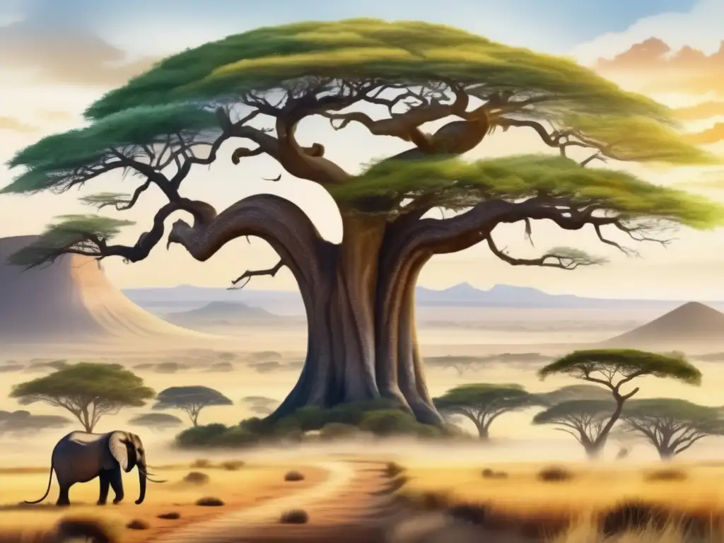 Paisaje místico de África con el majestuoso Árbol de la Serpiente como protagonista