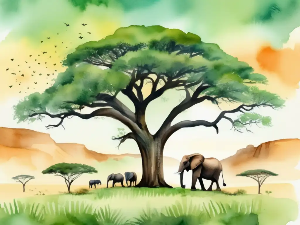 Ilustración vibrante de un majestuoso árbol Marula en la sabana africana