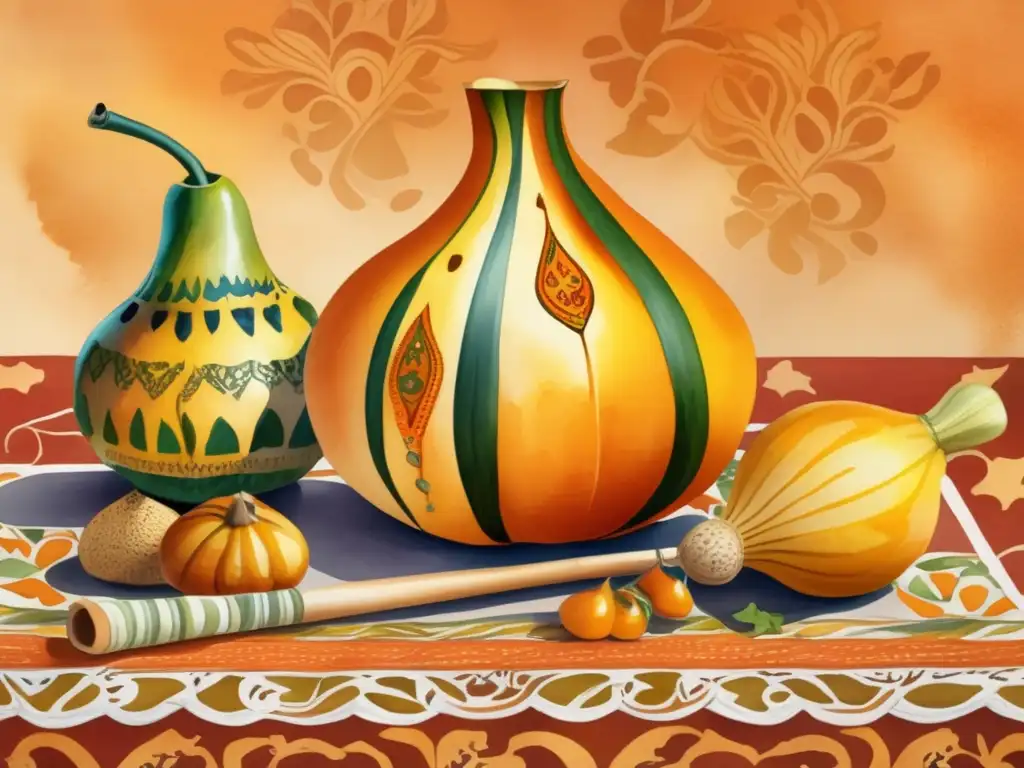 Mate tradicional con diseños pintados a mano en mesa colorida Ilustración detallada de una mate y bombilla tradicional con diseño pintado a mano y motivos geométricos vibrantes en mantel