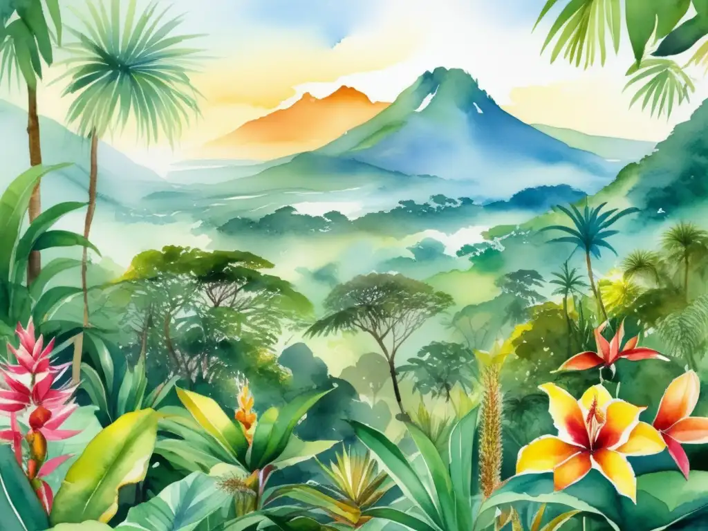 Hábitats plantas medicinales mundo: Pintura acuarela muestra diversidad vibrante de ecosistemas tropicales, desérticos y montañosos donde prosperan plantas medicinales