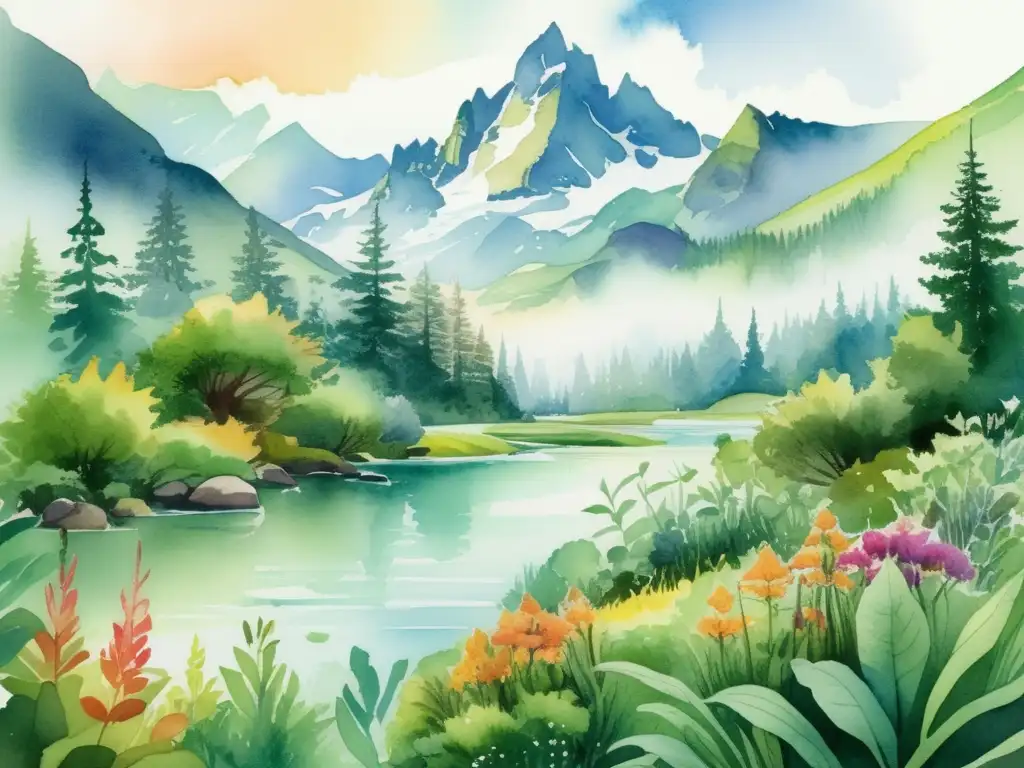 Ilustración acuarela muestra paisaje medicinal exuberante con biodiversidad plantas y hábitats -