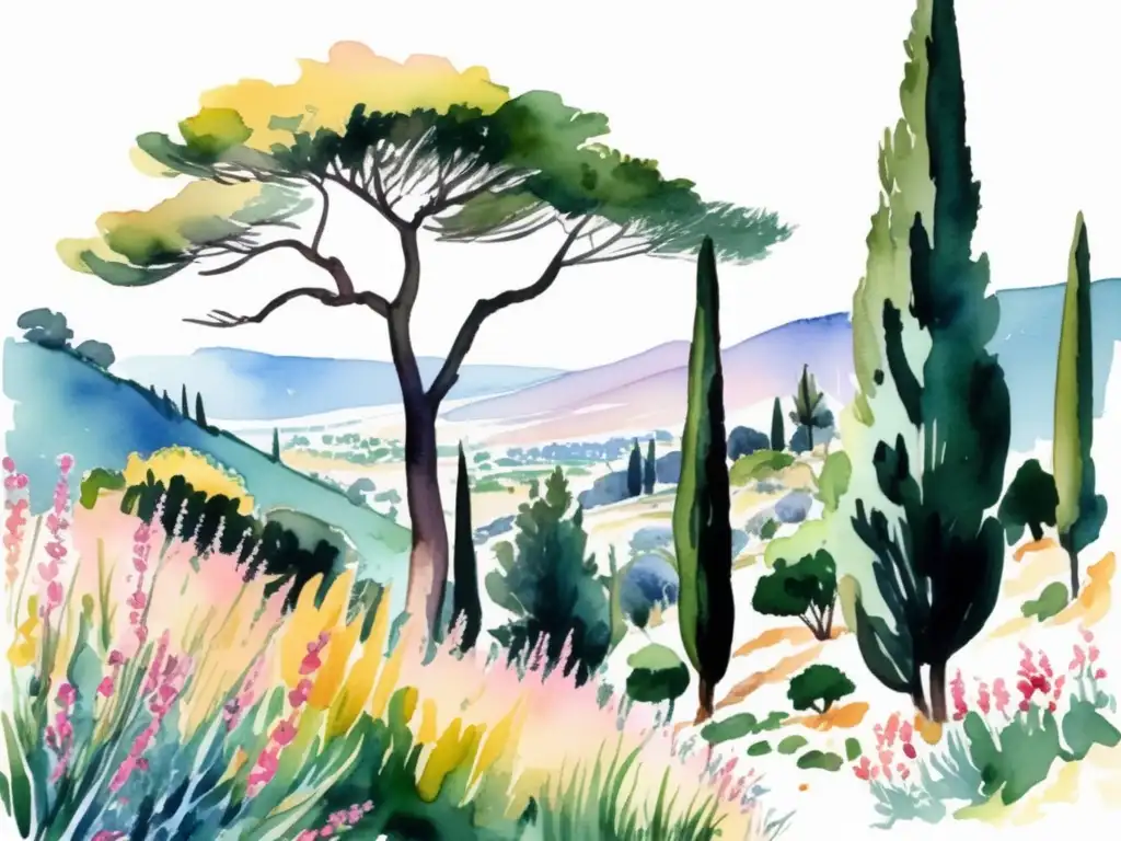 Ilustración acuarela de un paisaje mediterráneo con plantas resistentes al fuego