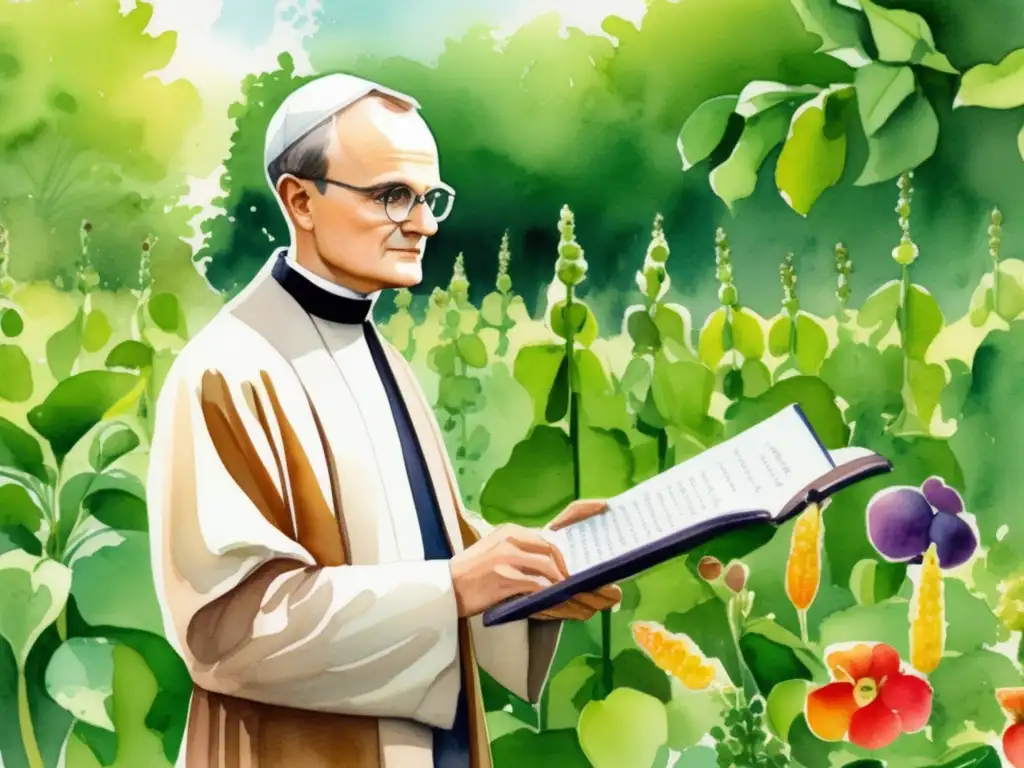 Importancia histórica de los pioneros botánicos: Gregor Mendel en un jardín de guisantes vibrantes, descubriendo la genética moderna