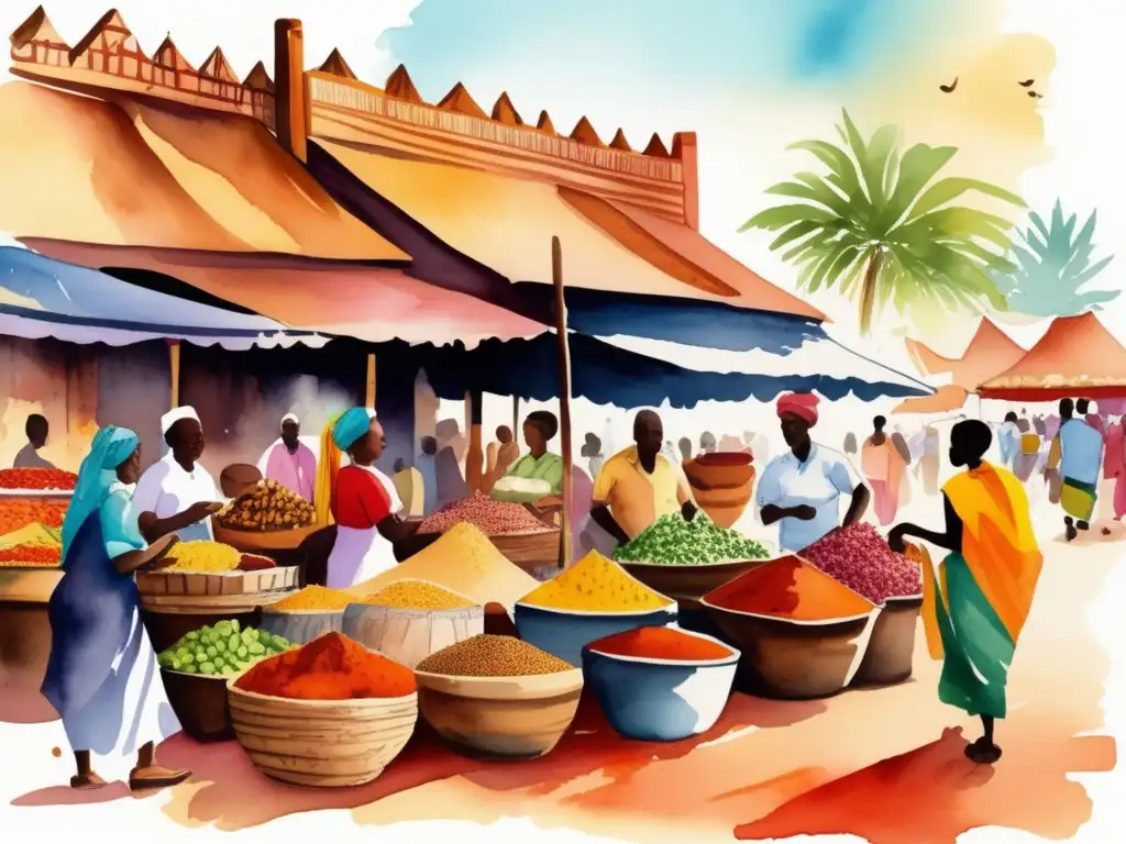 Ilustración acuarela vibrante de un bullicioso mercado africano con especias, hierbas y frutas coloridas