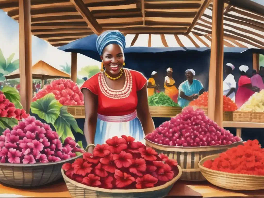 Pintura acuarela de un bullicioso mercado africano con hibiscos y beneficios culinarios y medicinales (110 caracteres)