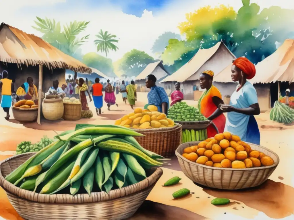 Pintura acuarela detallada de mercado africano con plantas medicinales tradicionales pueblos indígenas Africanos