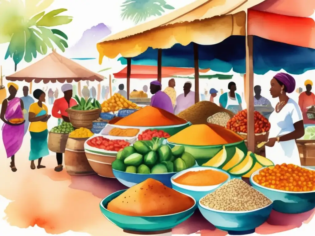 Ilustración acuarela vibrante de un mercado africano con frutas, verduras y especias nativas
