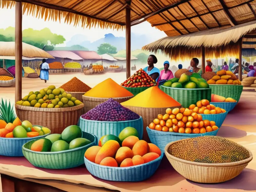 Mercado africano con comidas tradicionales y frutas exóticas, destacando las propiedades curativas de la Kigelia Africana