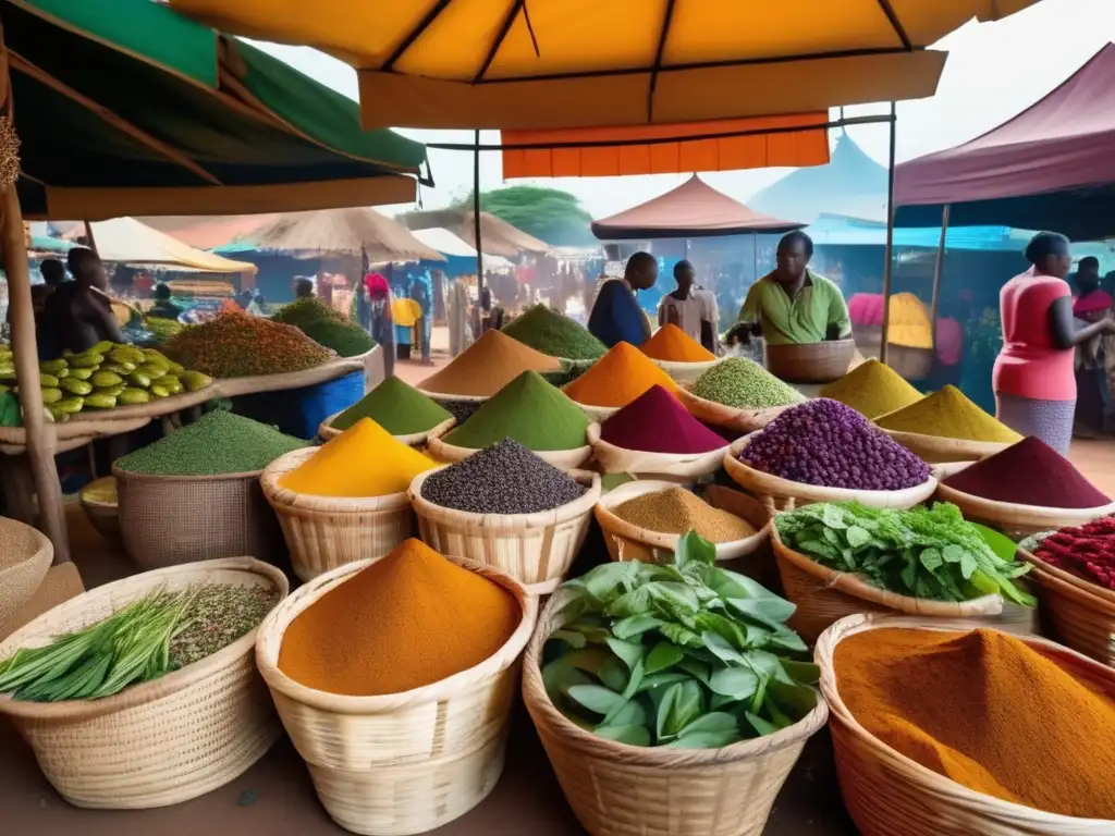 Beneficios culinarios plantas africanas en vibrante mercado africano