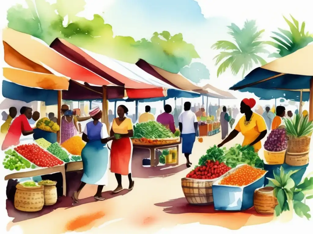 Ilustración vibrante de un bullicioso mercado africano con puestos coloridos y llenos de plantas e ingredientes exóticos