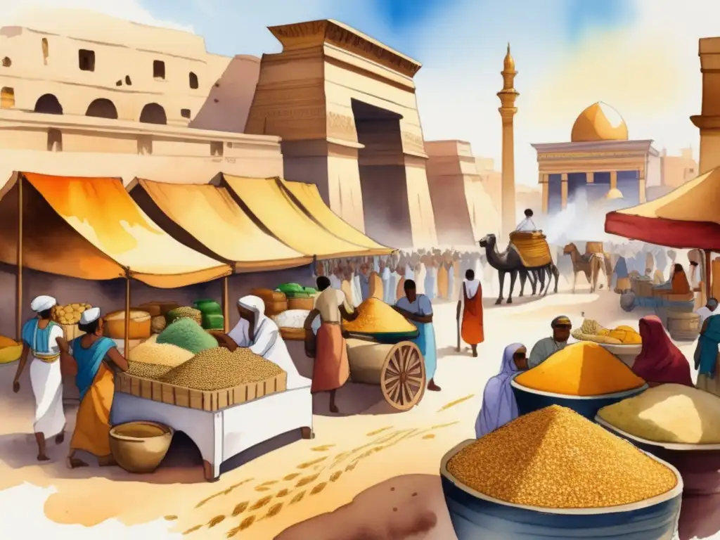 Ilustración acuarela detallada de un bullicioso mercado en el antiguo Egipto