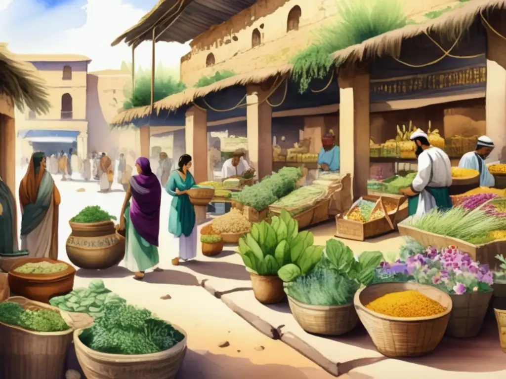 Ilustración de un animado mercado antiguo babilónico con vendedores de plantas medicinales babilónicas: Historia y usos