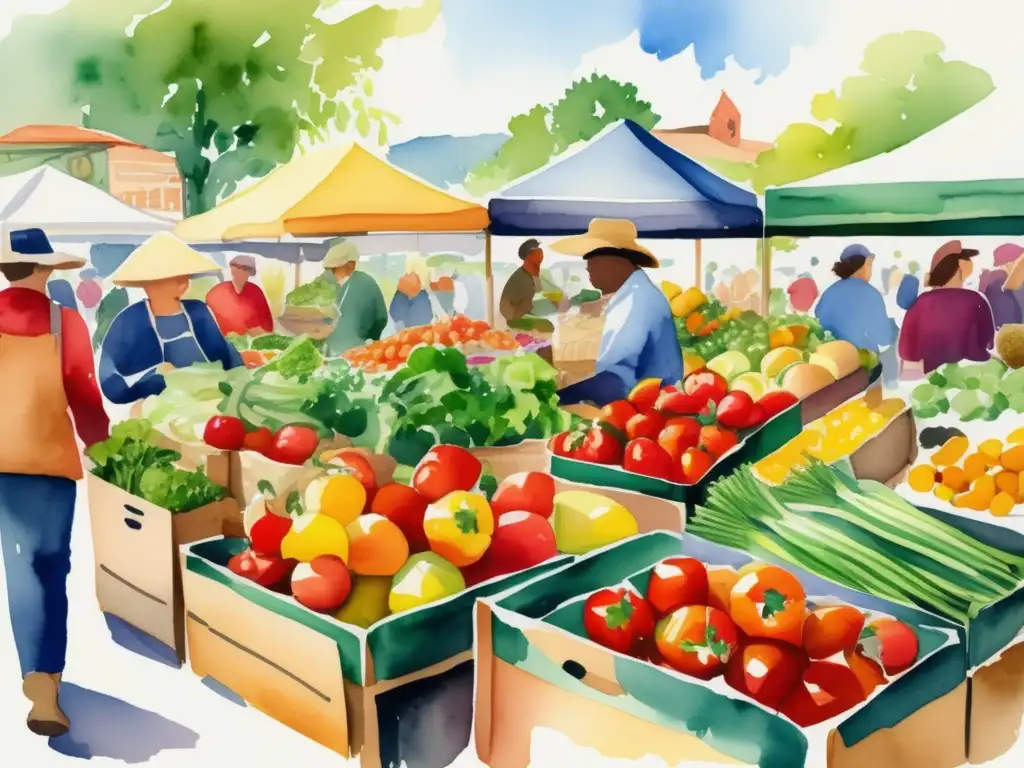 Ilustración acuarela vibrante de un animado mercado de agricultores con variedad de verduras frescas y ambiente acogedor