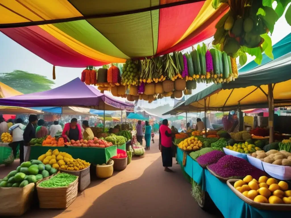 Relevancia histórica y cultural de las plantas en mercados emergentes: vibrante mercado con colores, texturas, frutas, verduras y flores exóticas