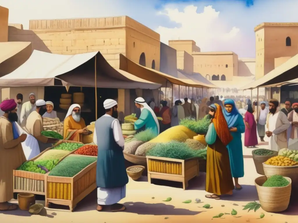 Mercado antiguo en Mesopotamia con plantas medicinales