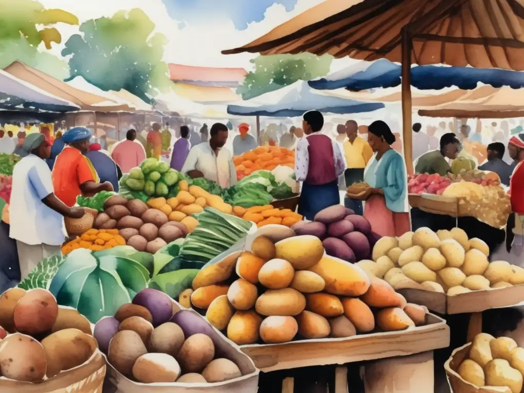 Escena vibrante de mercado con tubérculos del mundo, reflejando diversidad cultural y abundancia