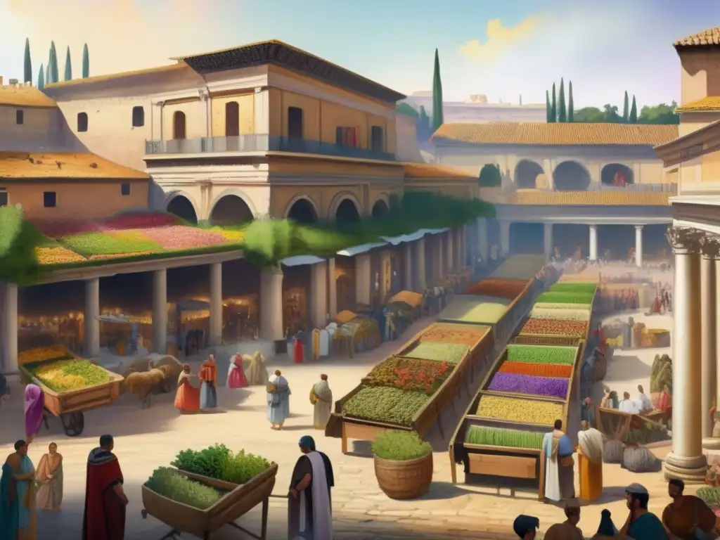 Mercado romano antiguo con plantas medicinales: colorido y detallado, evoca historia y atmósfera vibrante