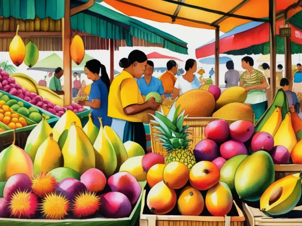 Frutas exóticas: mercado vibrante con gran variedad de frutas y colores, inmersión en sabores y usos culinarios