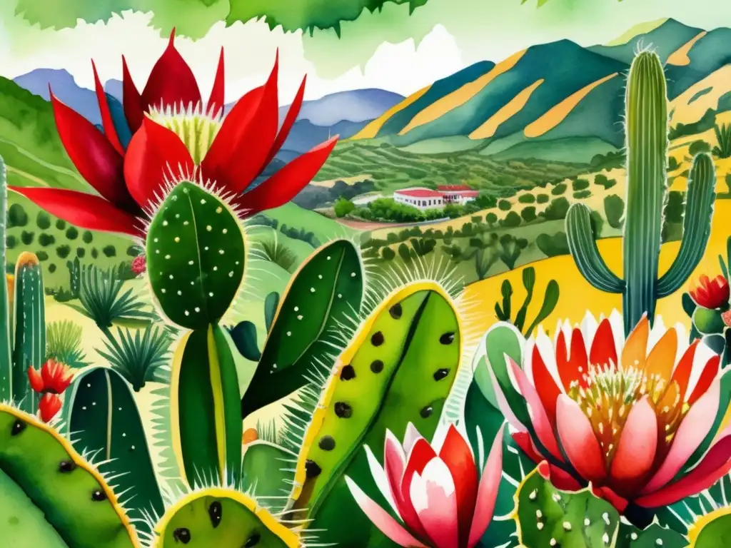 Un vibrante paisaje mexicano con flora y fauna diversa, destacando la Cochinilla y su importancia en la flora y economía local