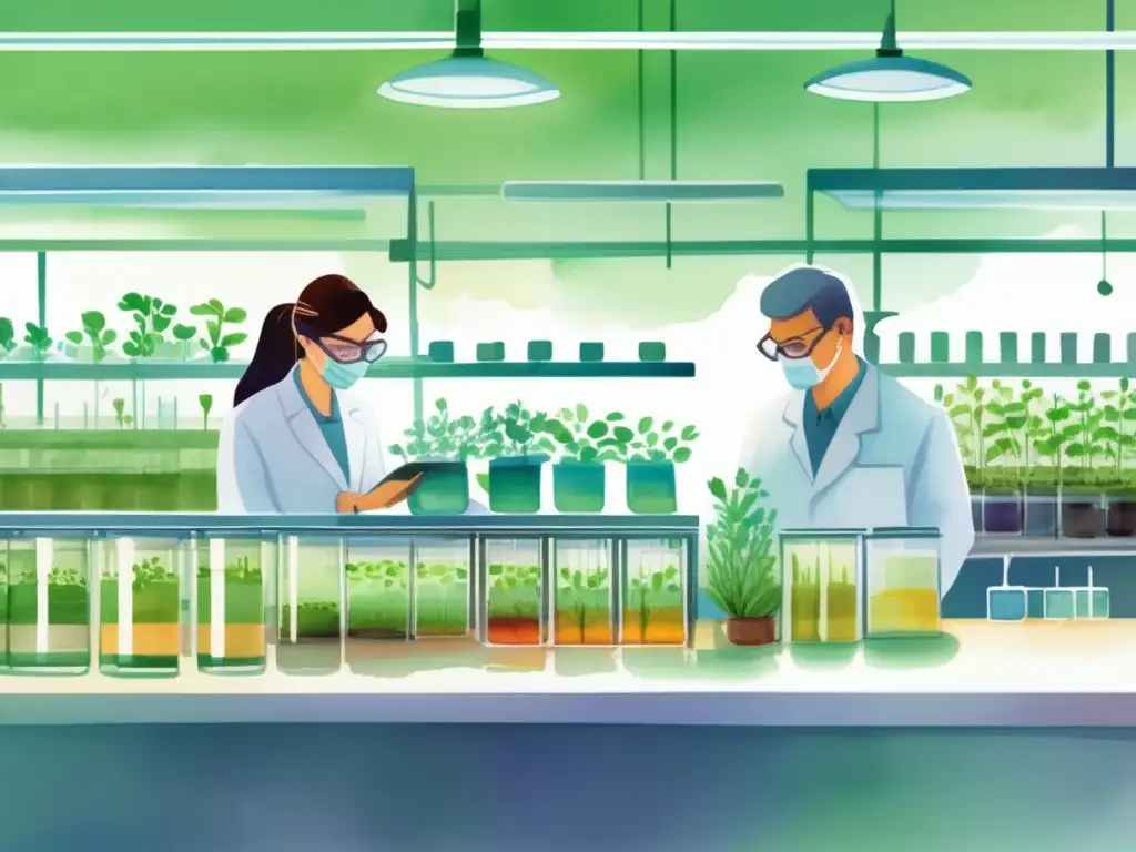 Clonación vegetal: técnicas modernas y usos - Laboratorio de micropropagación de plantas con científicos y técnicos trabajando meticulosamente en muestras de tejido vegetal