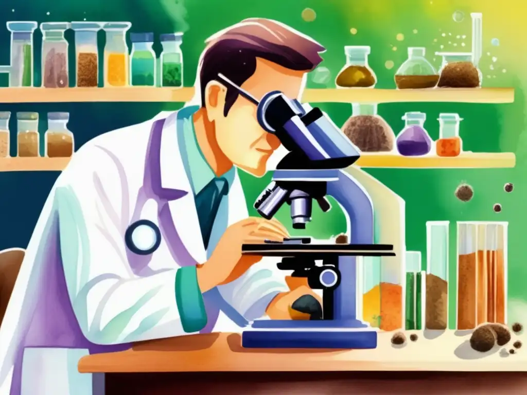 Herramientas de medición del suelo en botánica: científico examinando muestras de suelo con un microscopio