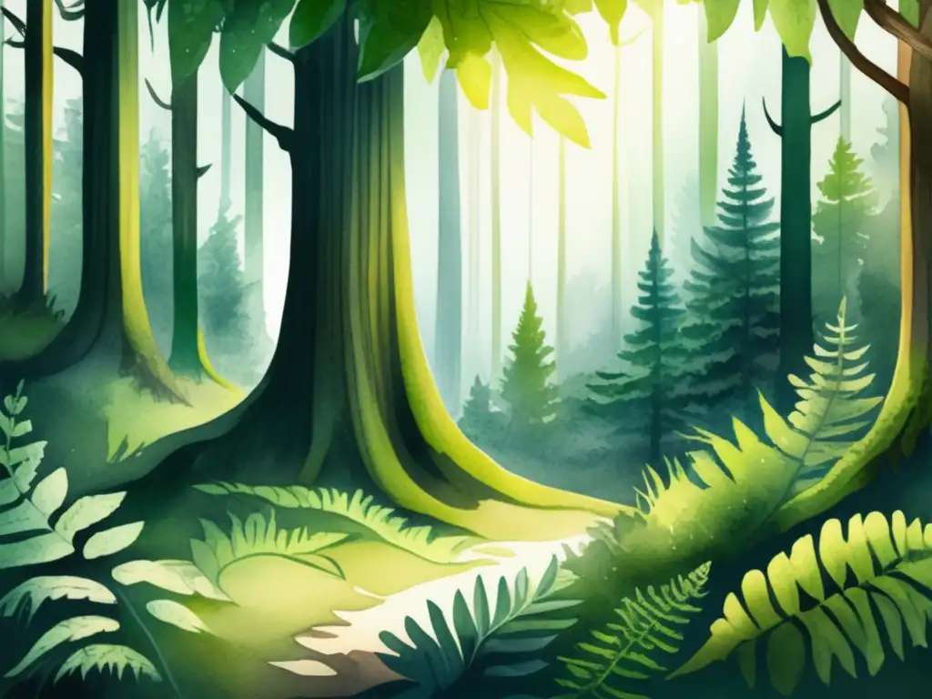 Ilustración acuarela bosque nórdico místico