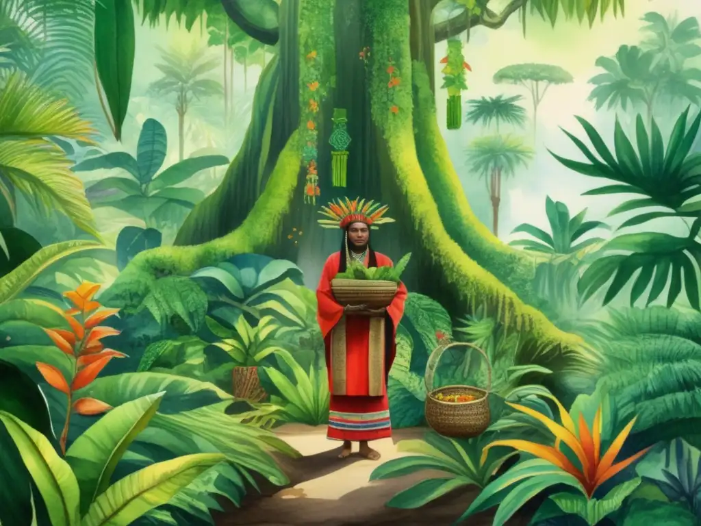 Pintura acuarela detallada de una exuberante selva tropical con árboles altos, vegetación densa y plantas exóticas coloridas