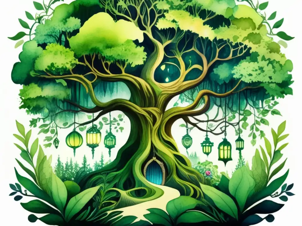 Bosque místico con plantas tóxicas y seres mitológicos Ilustración acuarela detallada de un bosque místico con plantas tóxicas y folklore antiguo