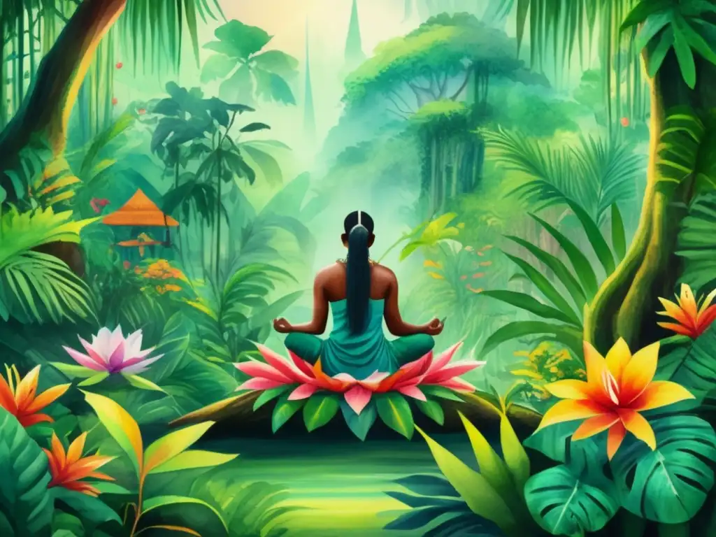 Serene escena de la selva con chaman, destacando beneficios espirituales de las plantas