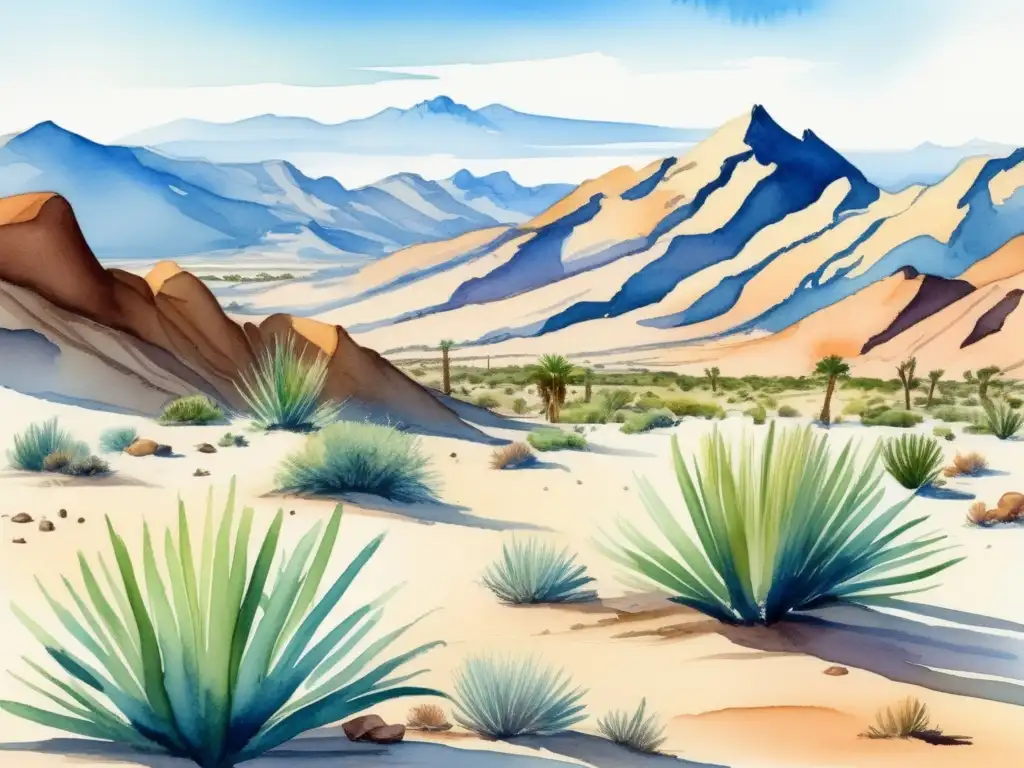 Plantas adaptadas al desierto de Mojave en ilustración acuarela: diversidad y belleza en ecosistema extremo