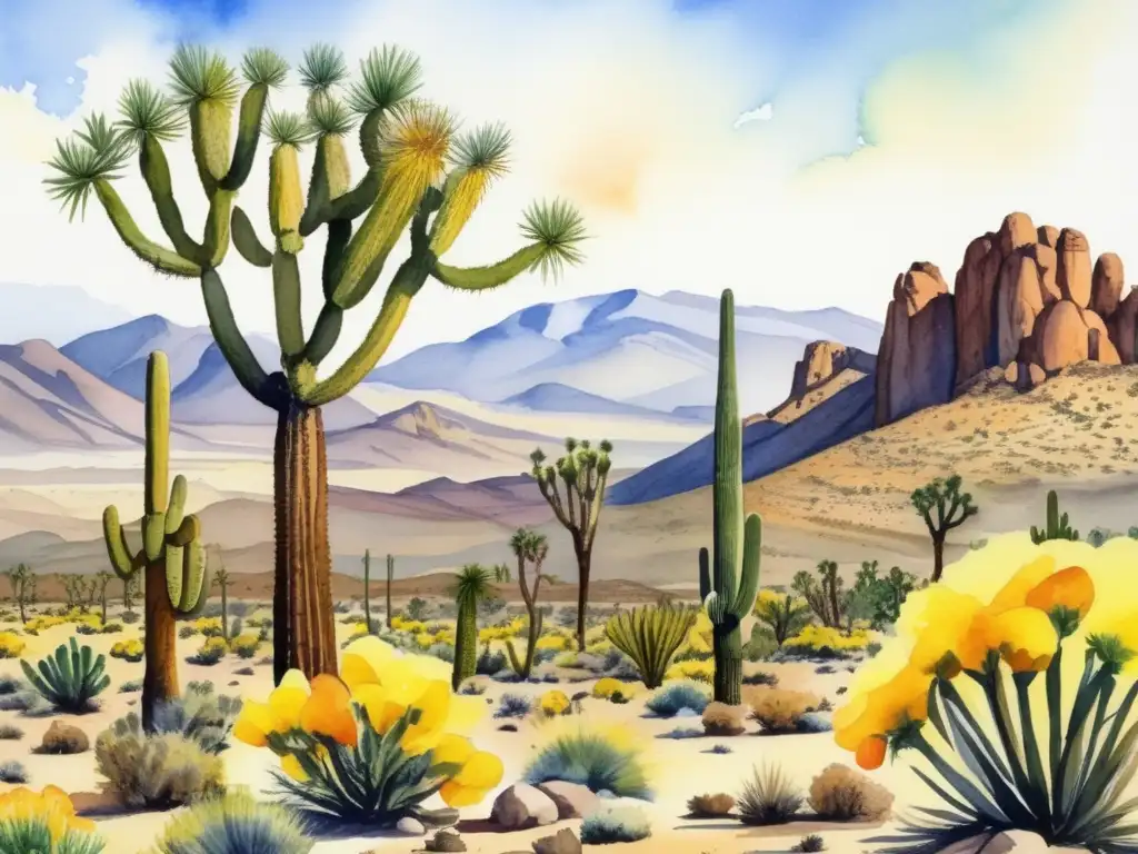 Plantas adaptadas al desierto de Mojave: detallada imagen acuarela de escena vibrante con Joshua Trees, cactus y flores amarillas