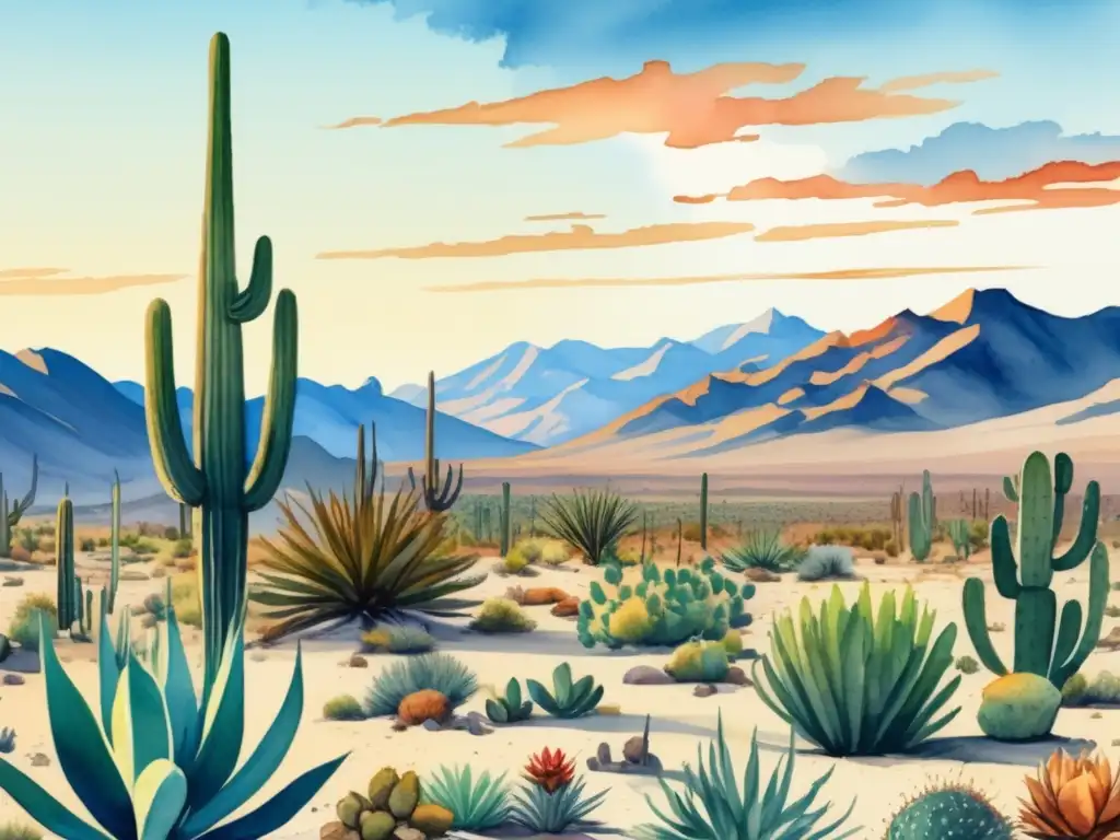 Plantas adaptadas al desierto de Mojave en acuarela 8k