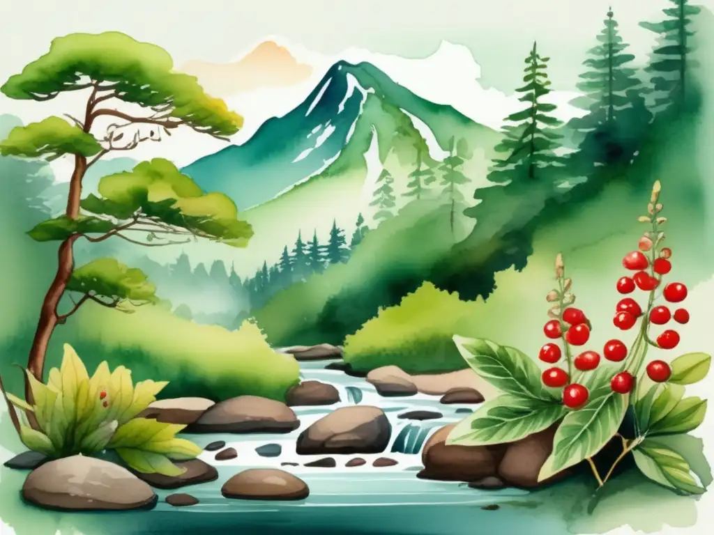 Beneficios del Ginseng coreano para la salud - Ilustración acuarela de paisaje montañoso tranquilo con bosque exuberante y arroyo pintoresco