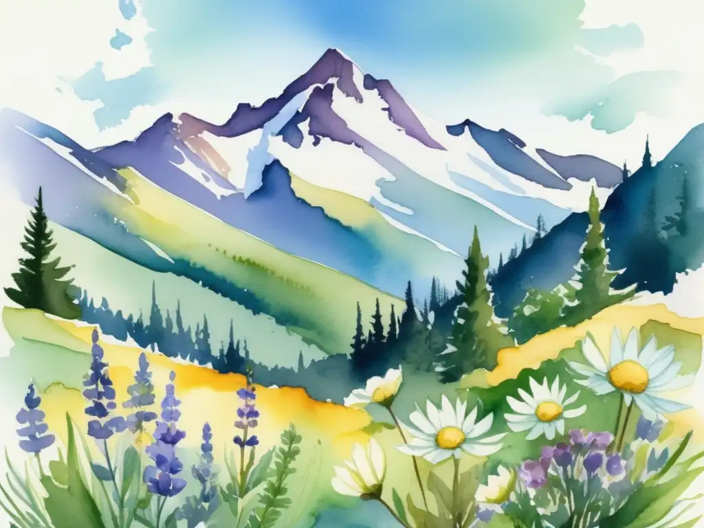 Ilustración acuarela vibrante de majestuosa cordillera con picos nevados, adaptación de plantas en vientos fuertes