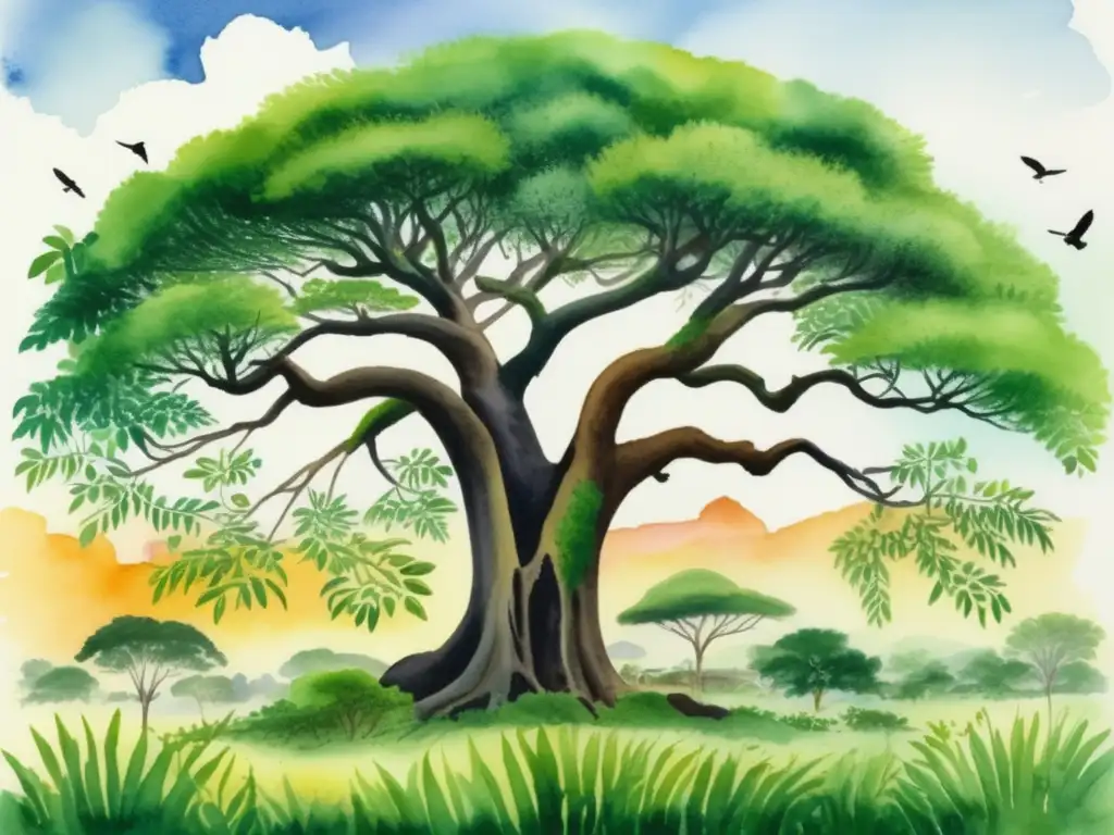 Paisaje africano con árbol de Moringa y vida silvestre