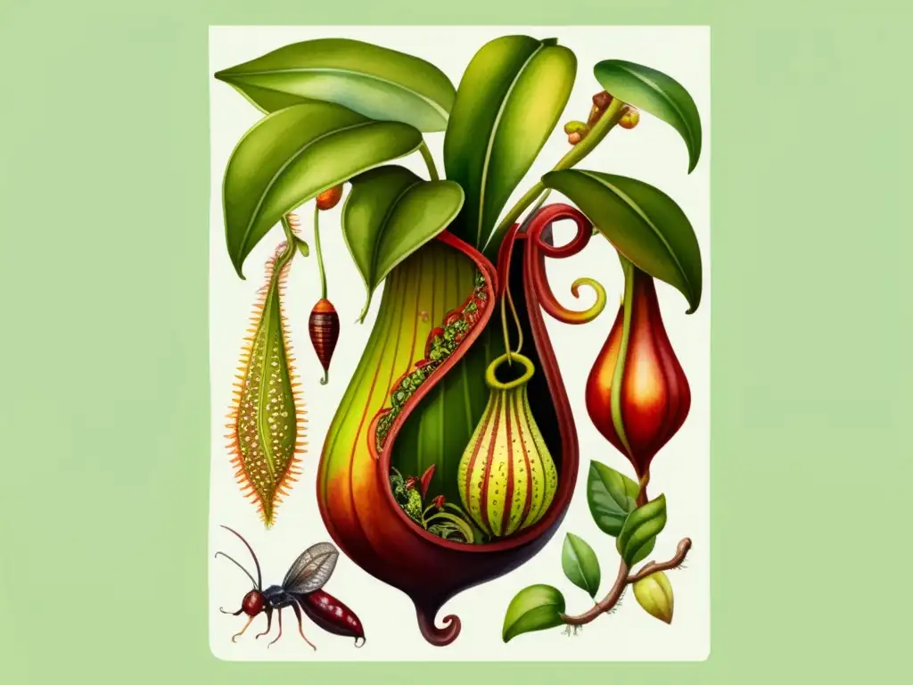 Nepenthes Rajah, planta carnívora de Borneo, con vibrantes colores y detalles intrincados