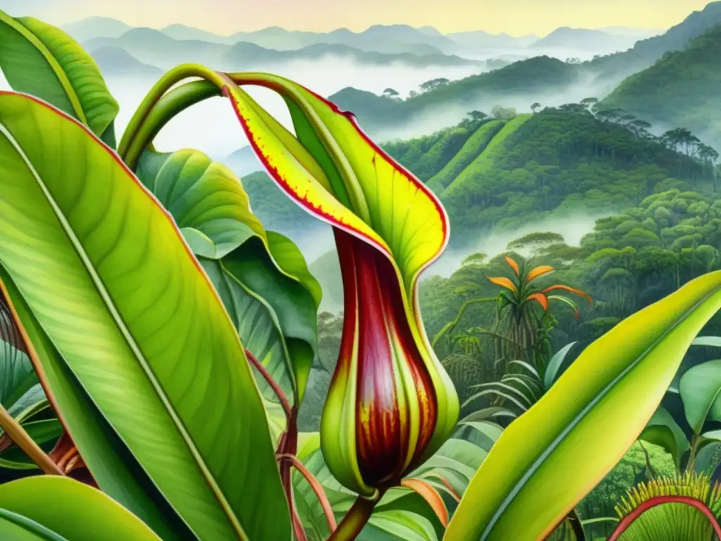 Pintura acuarela detallada de la planta carnívora Nepenthes Rajah en su hábitat natural en Borneo - Nepal planta carnivora Rajah