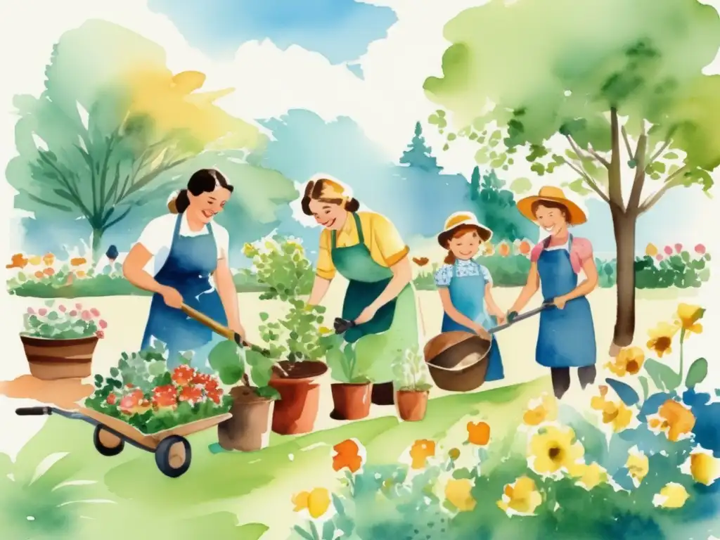 Niños felices en un jardín colorido Técnicas de jardinería para niños: educando jardineros jóvenes en un vibrante cuadro acuarela de niños felices en un jardín floreciente