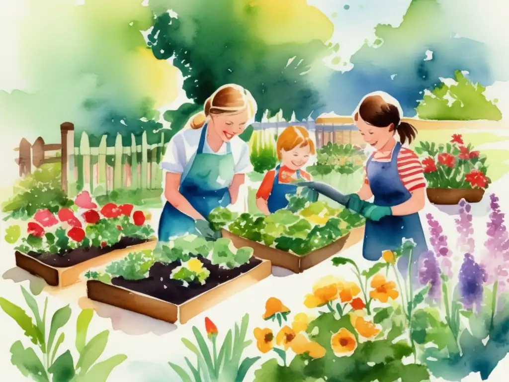 Niños disfrutando de la jardinería Técnicas de jardinería para niños: educando jardineros jóvenes en un detallado y colorido dibujo acuarela