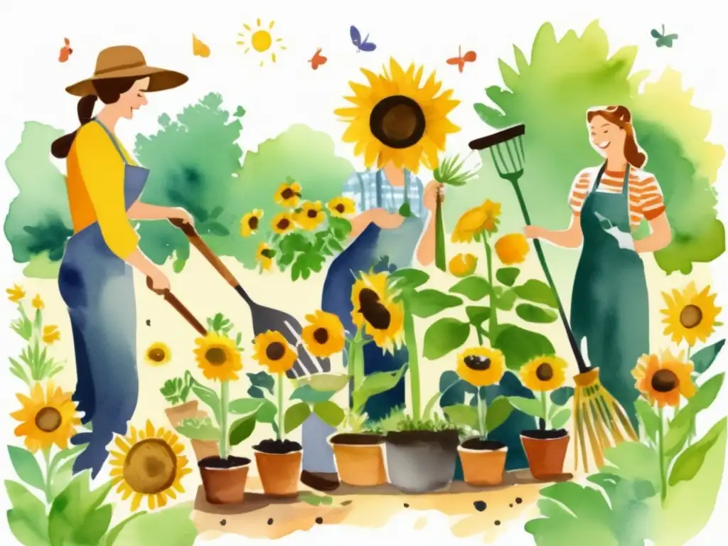 Niños felices en un jardín colorido Niños felices aprendiendo técnicas de jardinería: educando jardineros jóvenes