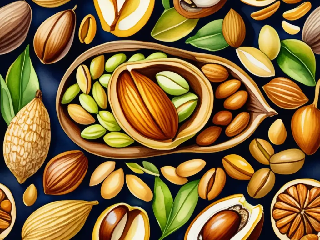 Beneficios nutricionales de los frutos secos en una hermosa imagen acuarela de gran detalle con variedad de nueces en un patrón simétrico