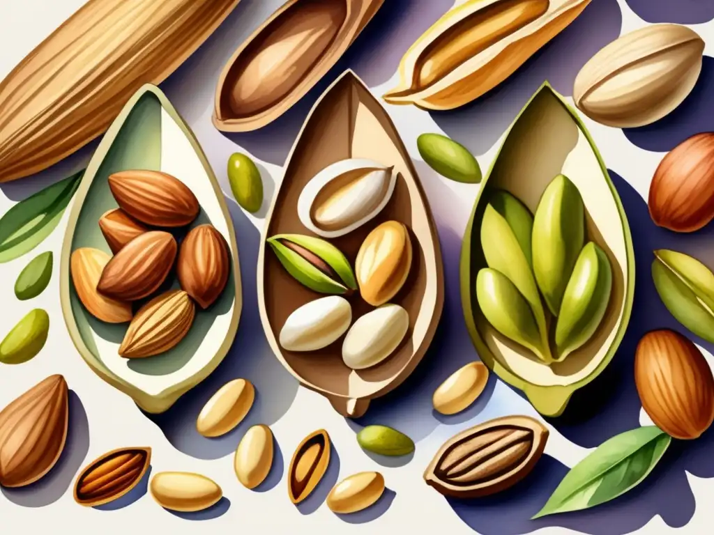 Ilustración acuarela hermosa de frutos secos: almendras, nueces, pistachos y anacardos en una composición artística