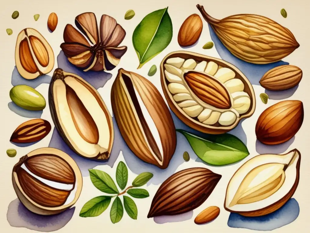 Beneficios nutricionales de los frutos secos - Detallada imagen acuarela con variedad de nueces, almendras, pistachos, avellanas, etc