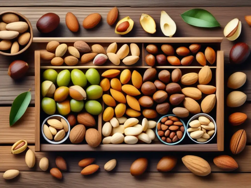 Ilustración acuarela de nueces variadas en mesa rústica - Beneficios nutricionales de los frutos secos