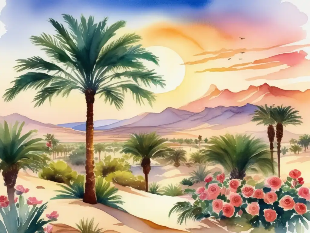 Pintura detallada de un oasis vibrante en el desierto árabe con una majestuosa palmera, rosas de Jericó y una aldea árabe tradicional