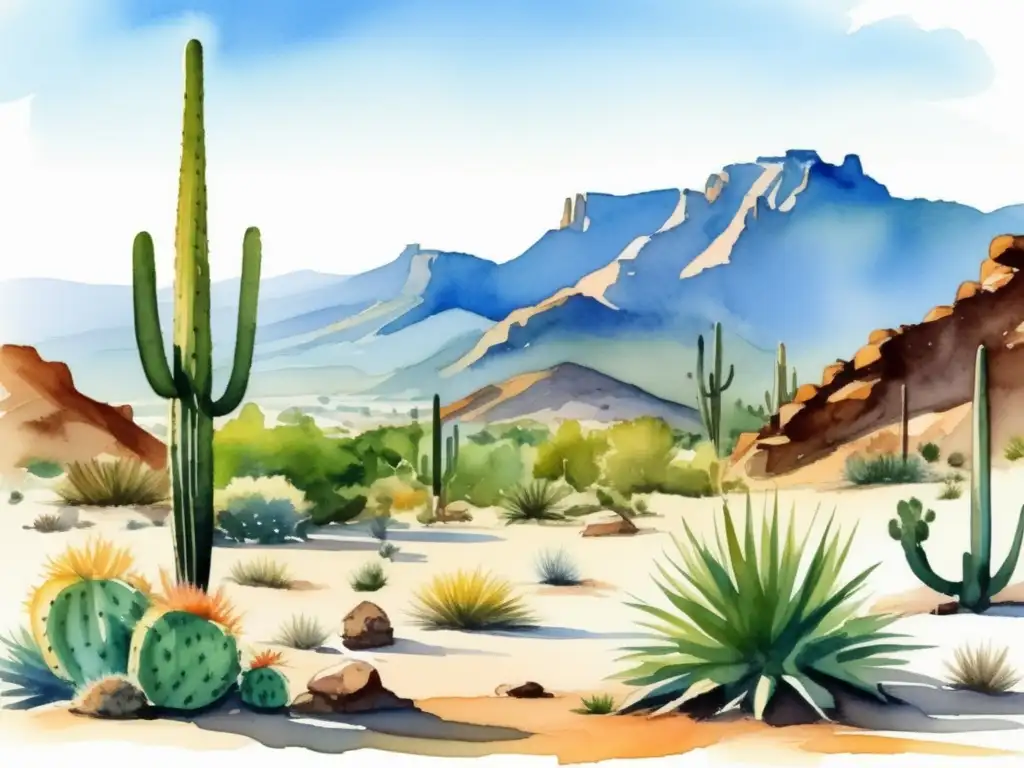 Ilustración acuarela muestra adaptaciones plantas desierto para captar agua