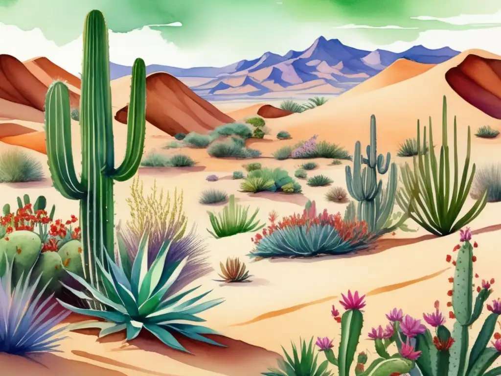 Ilustración acuarela impresionante muestra oasis vibrante rodeado por dunas altas