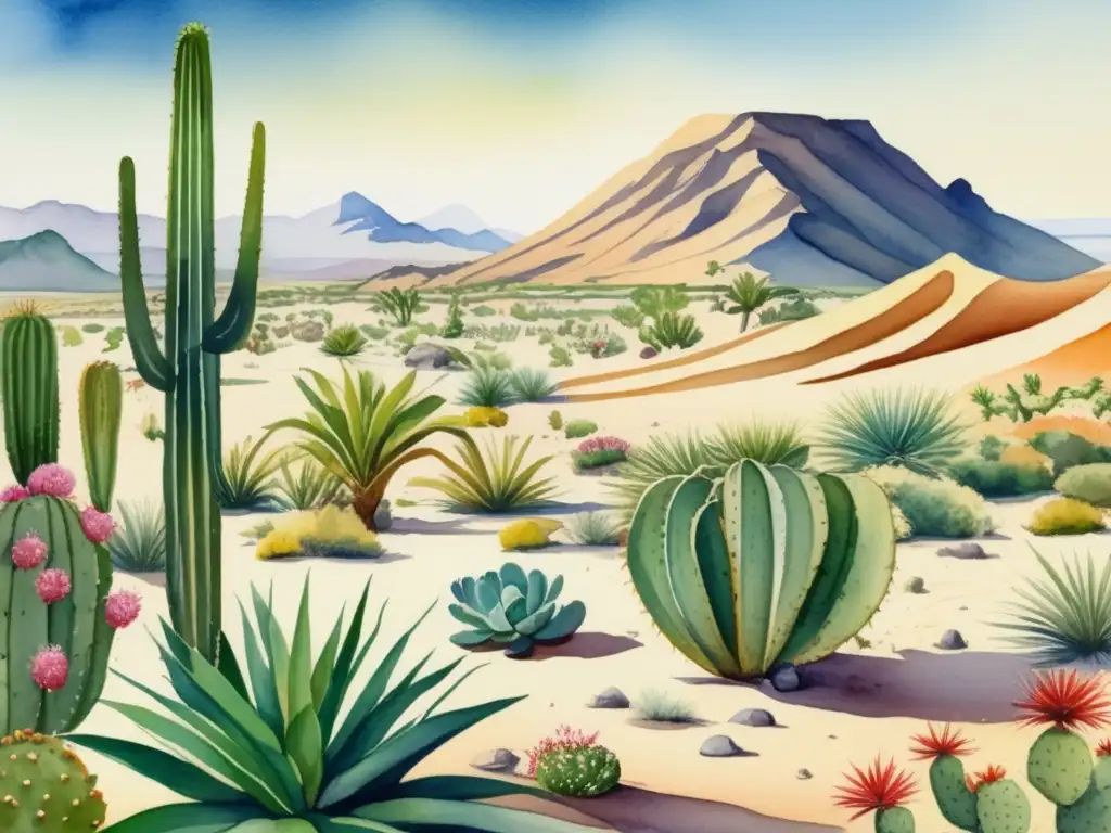 Un oasis exuberante en medio del desierto con plantas adaptadas y patrones de arena, refugio de animales y belleza en condiciones extremas