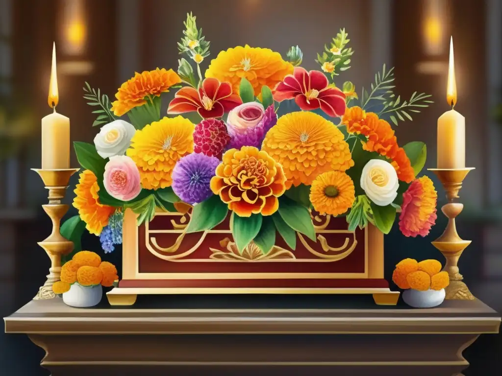 Ofrenda floral con importancia cultural: marigolds, rosas, orquídeas y crisantemos en altar tradicional