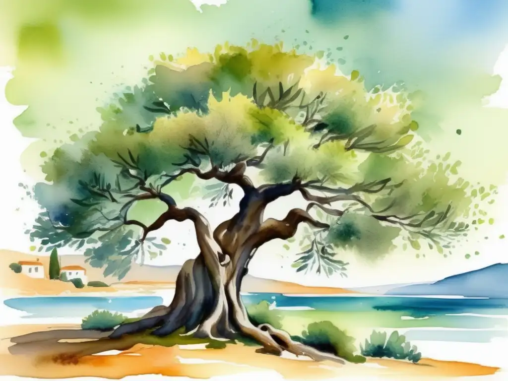 Relevancia histórica del olivo en el Mediterráneo: Majestuoso árbol de olivo en cautivante pintura acuarela, evoca mitología y cultura mediterránea